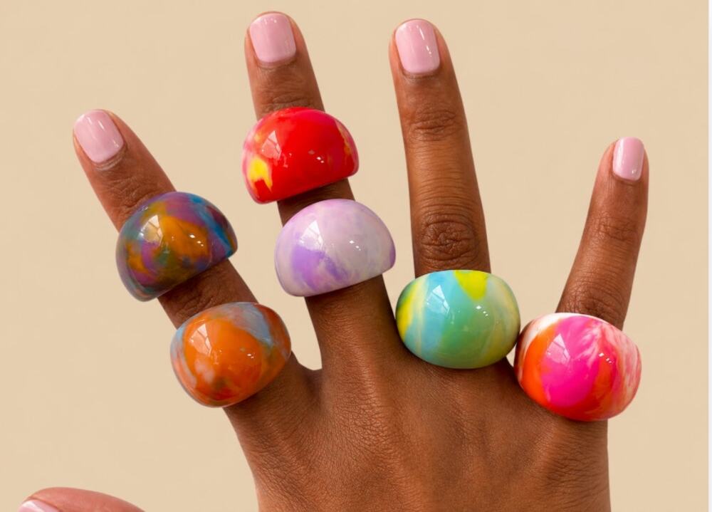 Set of 6 Chunky Resin Domed Bubble Rings Colorful Retro Mod Fun Sizes 7.5 to 8.5